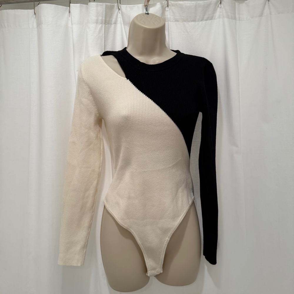 Chic Black and White Asymmetrical Bodysuit